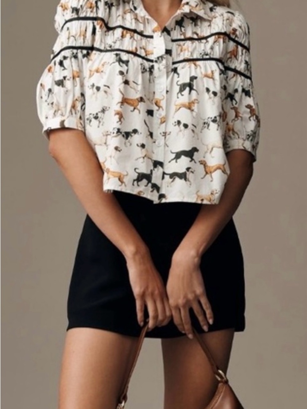 Anthropologie White Dog-Print Button Front Blouse - Picture 3 of 9